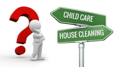 3d person chooses between cleaning and child care, not family