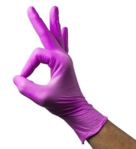 hand wearing purple disposable gloves giving the Okay sign
