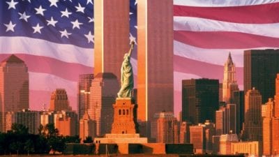 In the moment, twin towers NYC with American Flag collage