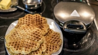 clean countertops with waffle iron and waffles