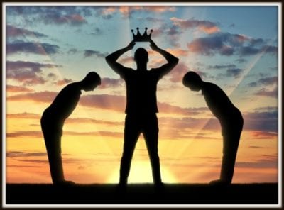 being a leader vs. being in charge Entitlement man wearing crown, people bow
