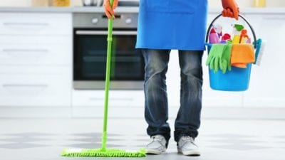 Learn to Clean House Cleaner with Mop and bucket of supplies