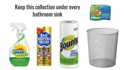 Unclutter with cleaning chemicals. All purpose, cleanser, paper towels, garbage and sponge