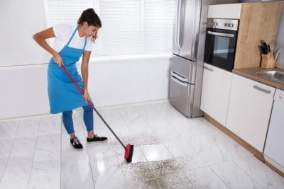 Good Time to Quit, Woman Sweeping Dirty Kitchen Floor