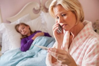 Survival Tool for House Cleaners, Woman On Phone Sick Child in Bed-min