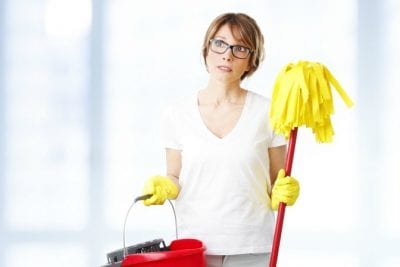 Survival Tool for House Cleaners, Woman Thinking While Holding Cleaning Tools-min