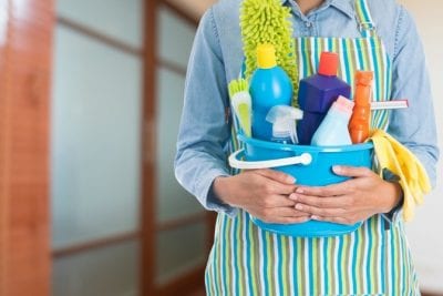 Hired by Friends and Family, House Cleaner With Caddy of Supplies
