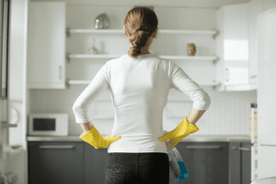 The Pre-Walkthrough, Woman Wearing Cleaning Gloves Looking at Kitchen