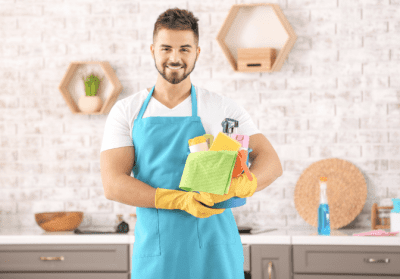 How to Charge for Cleaning Jobs, Man with Cleaning Caddy