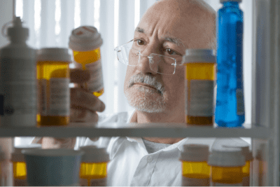 Medicine Cabinet, Man Looking at Bottle of Pills in Medicine Cabinet