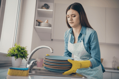 Dishes in the Kitchen Sink, Woman with Stack of Dirty Plates in Kitchen Sink