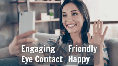 Zoom Walkthrough, Woman Looking at Phone, Engaging Eye Contact Friendly Happy
