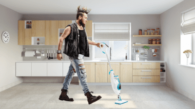Cross-Dressing While Cleaning, Man Mopping Kitchen Floor