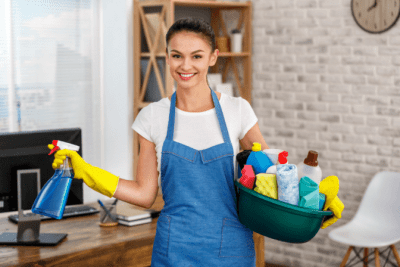 Why Uniforms Work, House Cleaner Holding Cleaning Supplies in Caddy