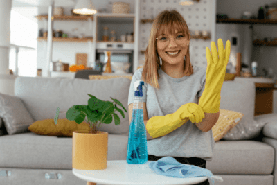 Cleaning Employee to Contractor, House Cleaner With Cleaning Gloves