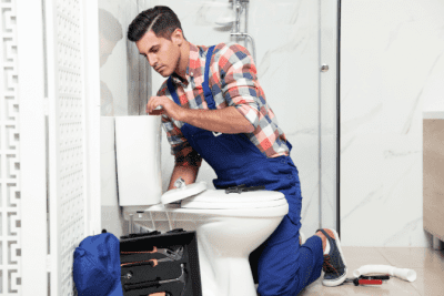 Partial House Cleaning, Plumber Looks at Toilet