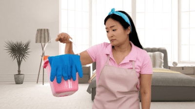 Sloppy House Cleaner, Woman Looking at Cleaning Caddy