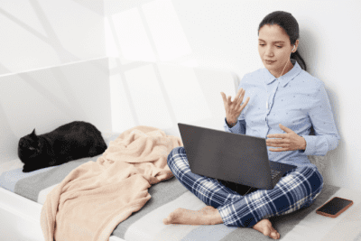 Sloppy House Cleaner, Woman on Computer in Bed